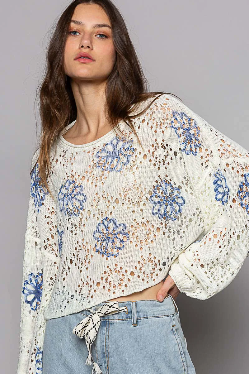 POL Women's Ivory Flower Print Sweater Top
