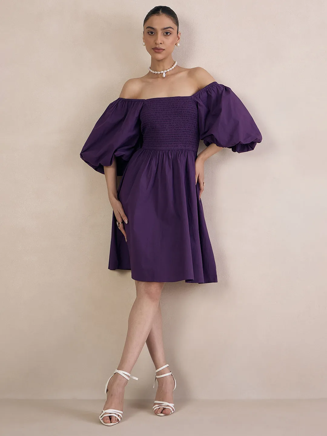 Purple Poplin Smocked Mini Dress
