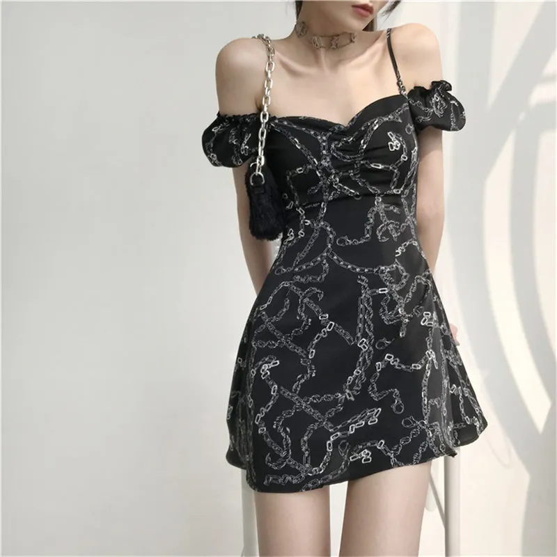 "CHAIN PRINT PUFF SLEEVE SLIP" DRESS N051005