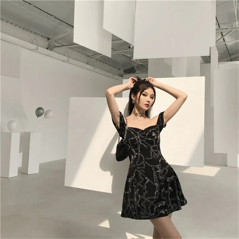 "CHAIN PRINT PUFF SLEEVE SLIP" DRESS N051005