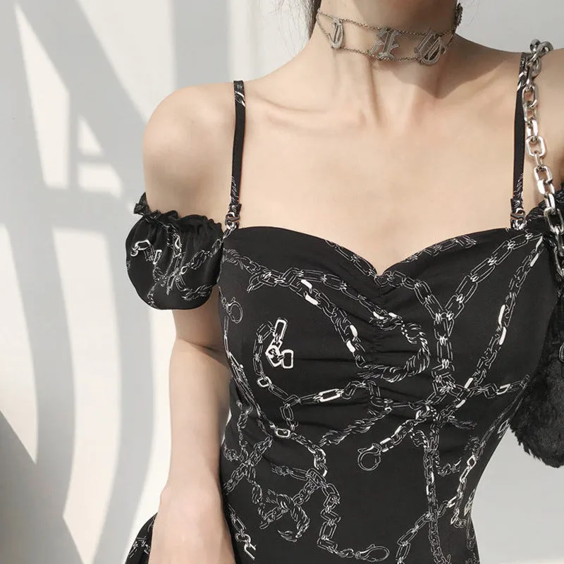 "CHAIN PRINT PUFF SLEEVE SLIP" DRESS N051005