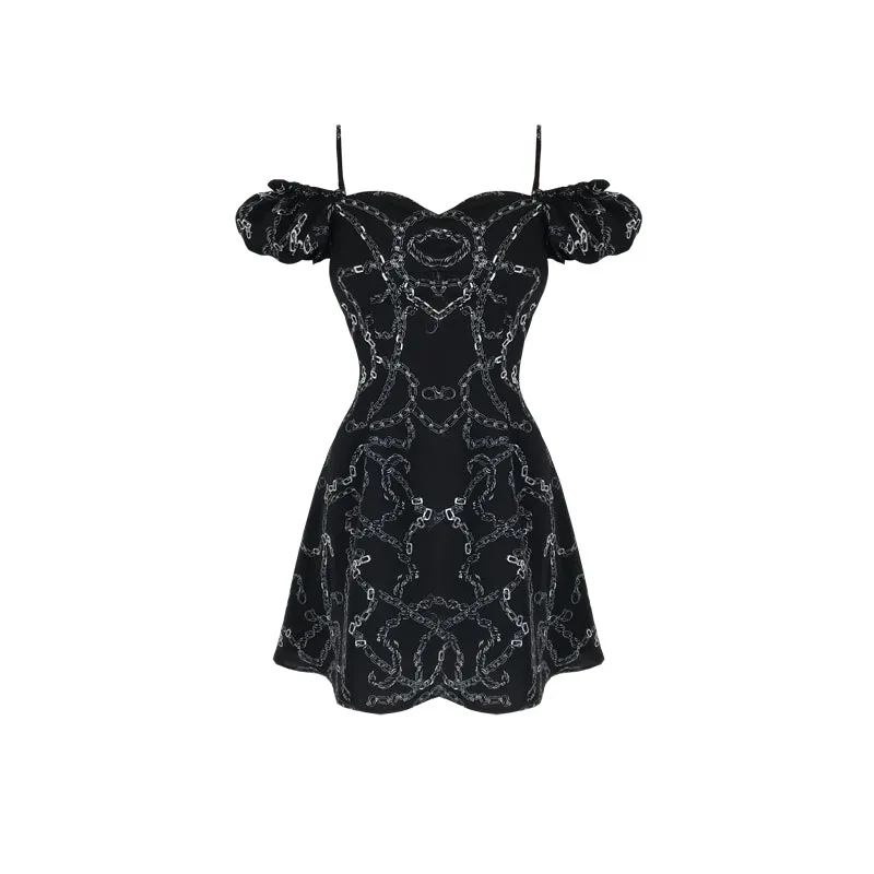 "CHAIN PRINT PUFF SLEEVE SLIP" DRESS N051005