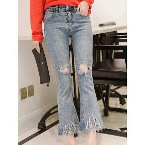 Ripped Tassels Boot Cut Jeans - Light Blue M
