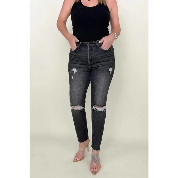 💥Risen High Rise Slim Straight Cropped Raw Hem Jeans  Plus Size 3X