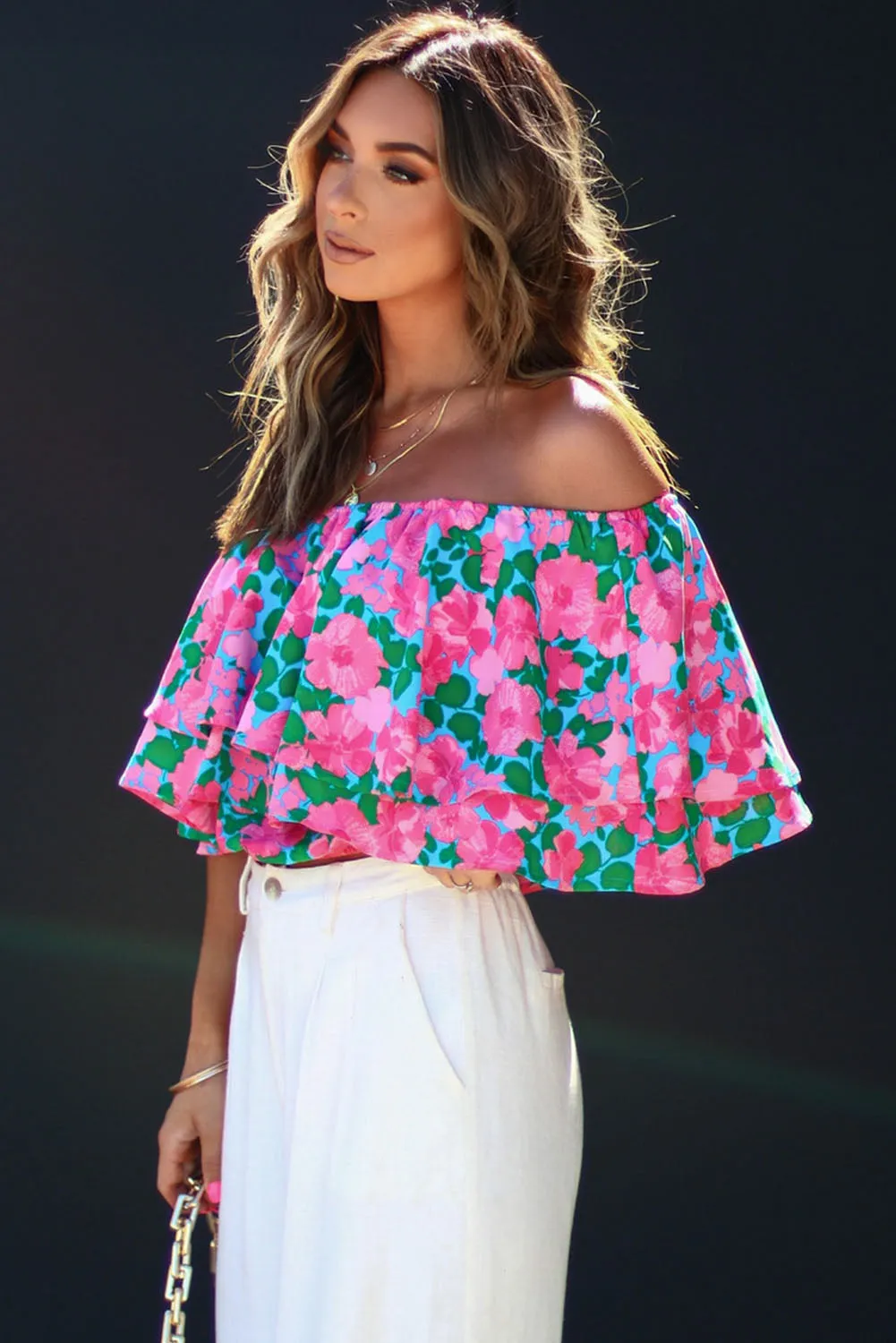 Rose Botanical Paradise Floral Off The Shoulder Ruffle T