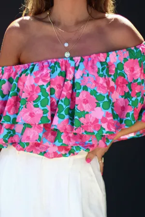 Rose Botanical Paradise Floral Off The Shoulder Ruffle T