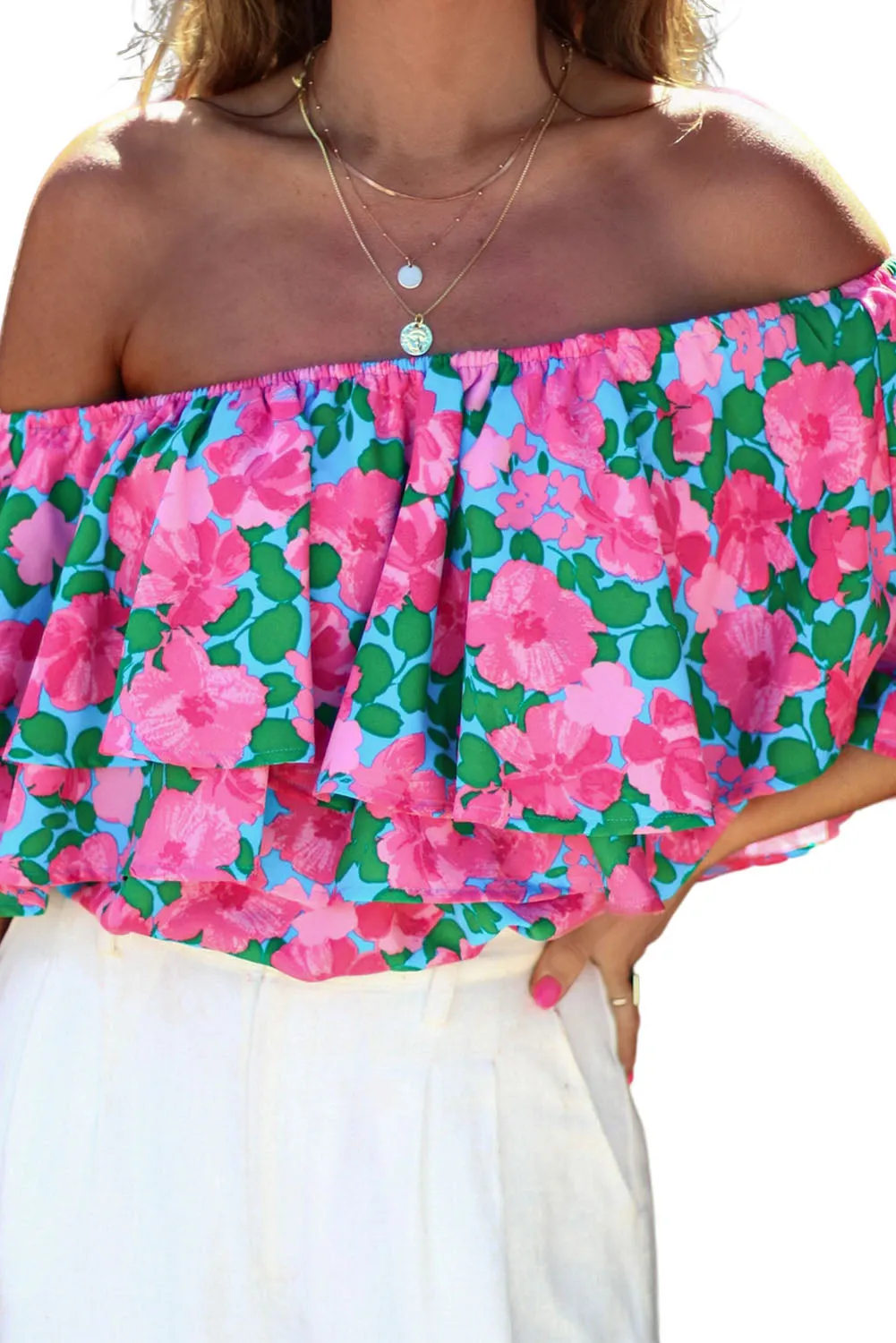 Rose Botanical Paradise Floral Off The Shoulder Ruffle T