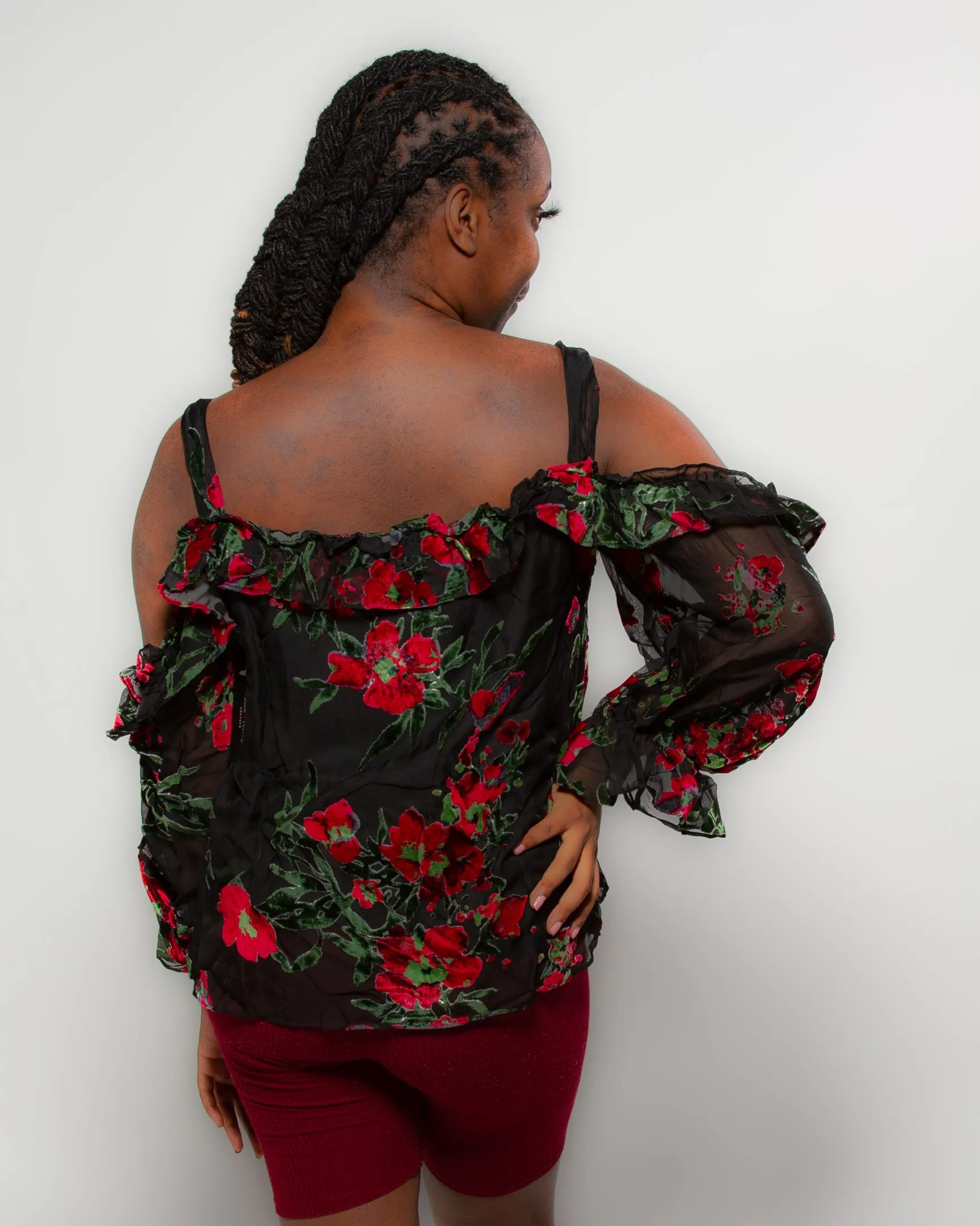 Ruffle Balloon Sleeve Cold Shoulder