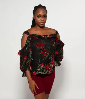 Ruffle Balloon Sleeve Cold Shoulder