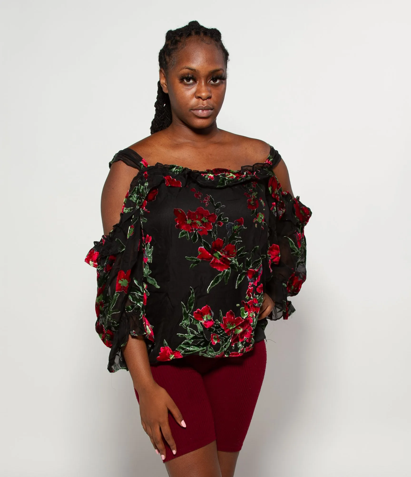 Ruffle Balloon Sleeve Cold Shoulder