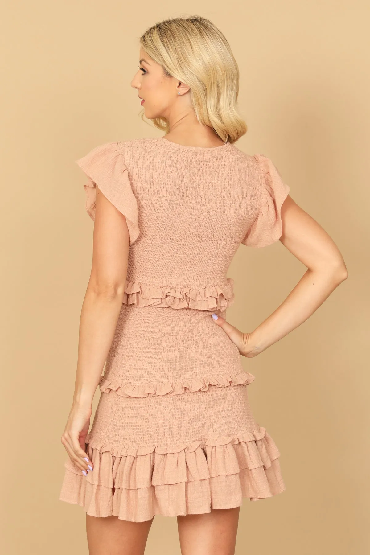 RUFFLE DETAIL SHIRRING MINI DRESS