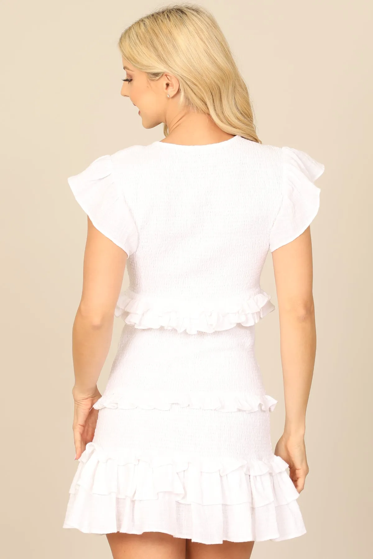 RUFFLE DETAIL SHIRRING MINI DRESS