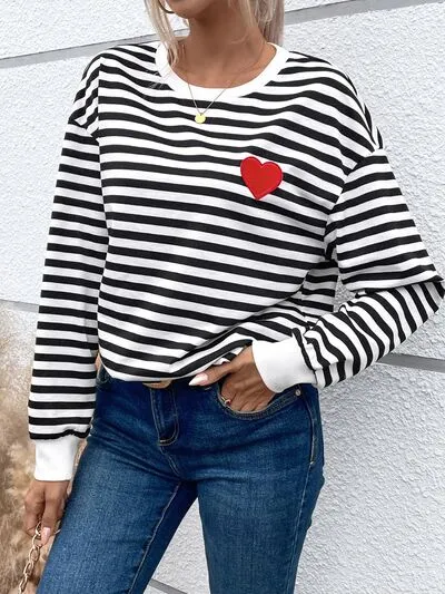 Ruthie Heart Patch Striped Round Neck Long Sleeve Sweatshirt