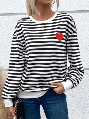 Ruthie Heart Patch Striped Round Neck Long Sleeve Sweatshirt