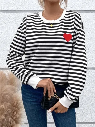 Ruthie Heart Patch Striped Round Neck Long Sleeve Sweatshirt