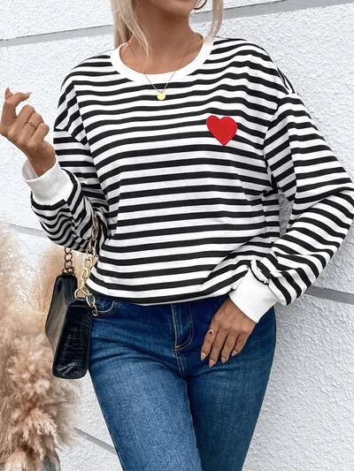 Ruthie Heart Patch Striped Round Neck Long Sleeve Sweatshirt