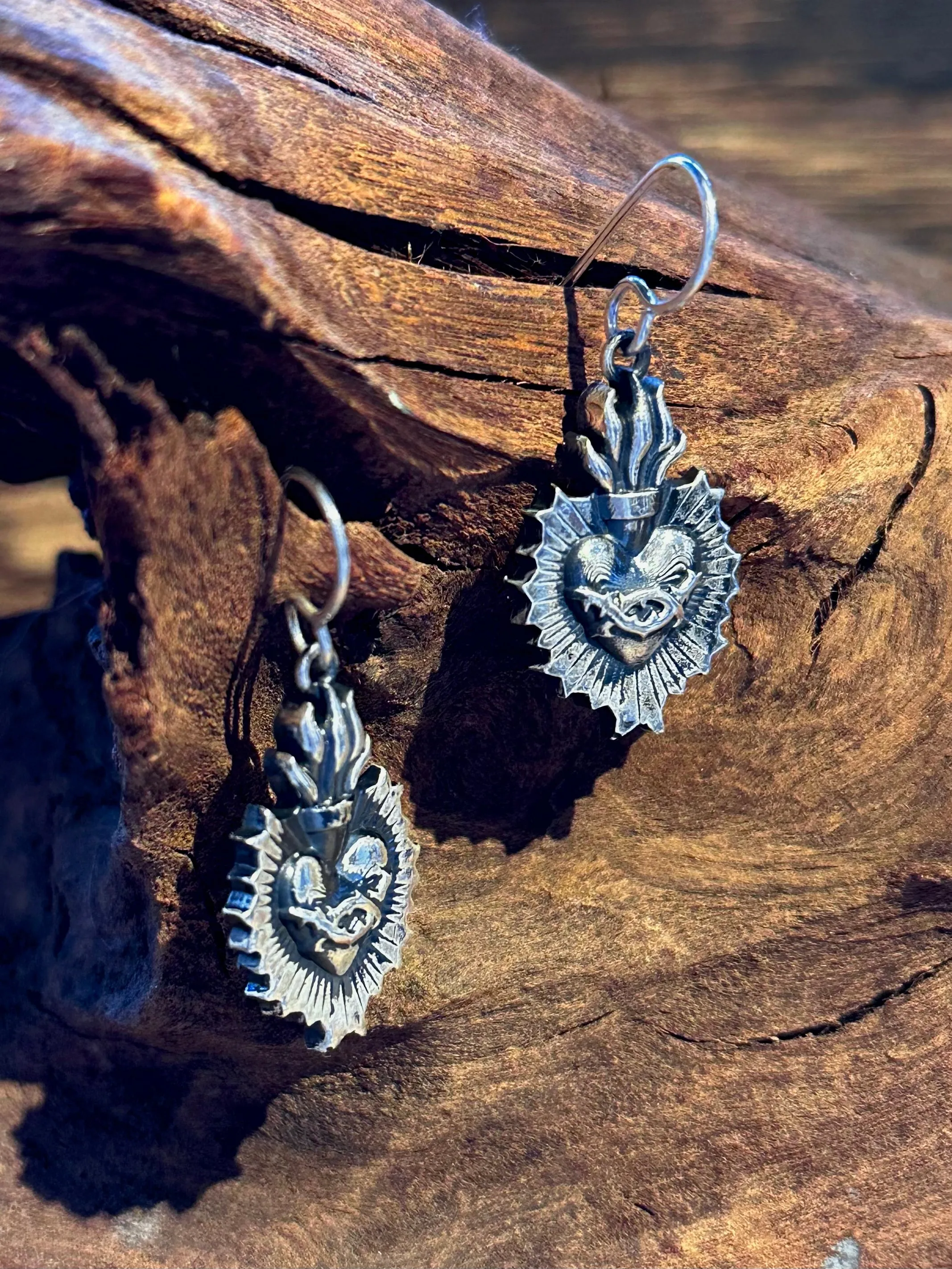 SACRED HEART Mexican Sterling Silver Dangle Earrings