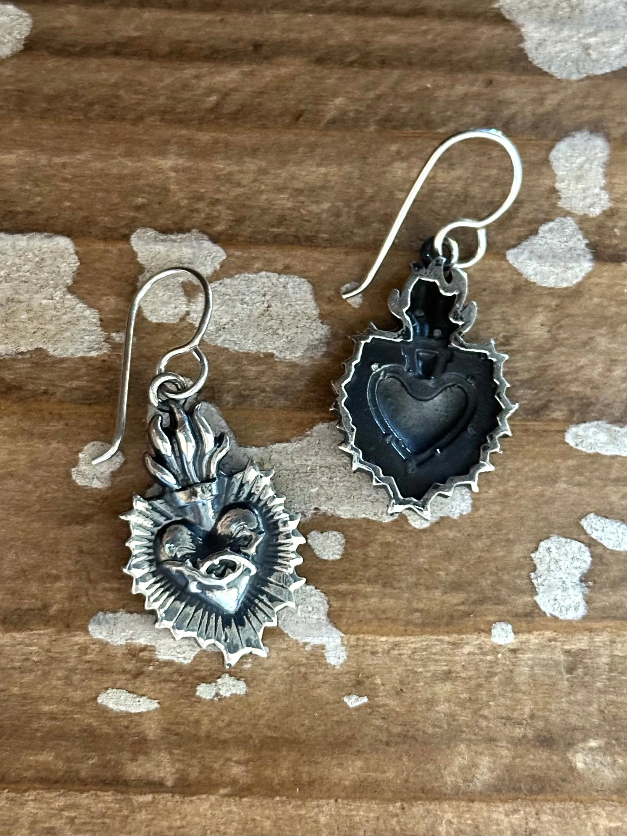 SACRED HEART Mexican Sterling Silver Dangle Earrings