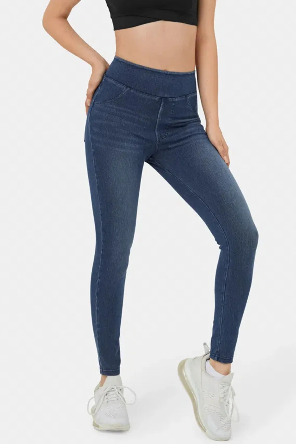 Sail Blue Pockets Elastic High Waist Skinny Jeans