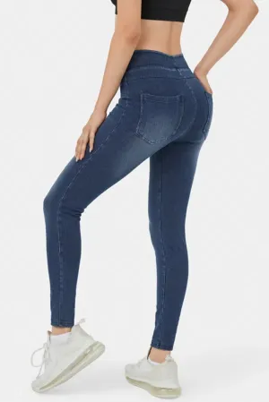 Sail Blue Pockets Elastic High Waist Skinny Jeans