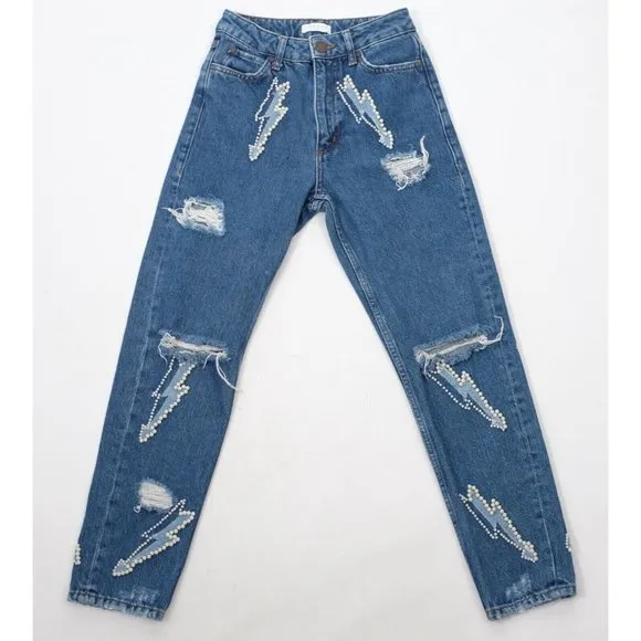 SANDRO jeans 34 US 0 pearl embellished ripped lightening bolt