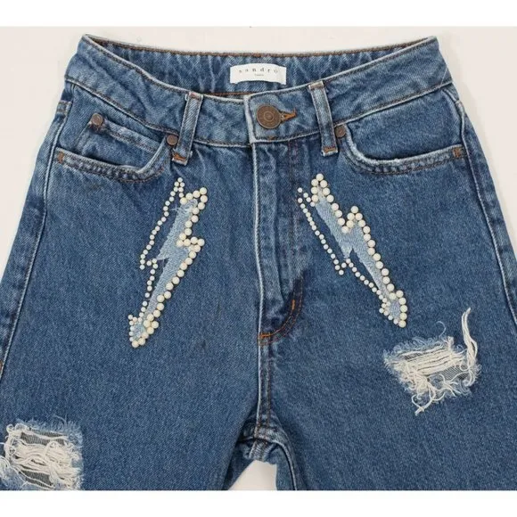 SANDRO jeans 34 US 0 pearl embellished ripped lightening bolt