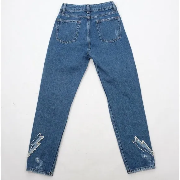 SANDRO jeans 34 US 0 pearl embellished ripped lightening bolt