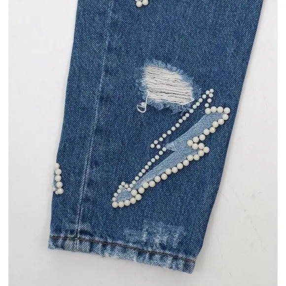 SANDRO jeans 34 US 0 pearl embellished ripped lightening bolt