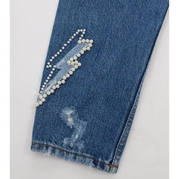 SANDRO jeans 34 US 0 pearl embellished ripped lightening bolt
