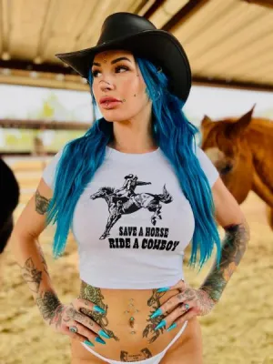 Save a Horse Ride a Cowboy Crop Top - White -