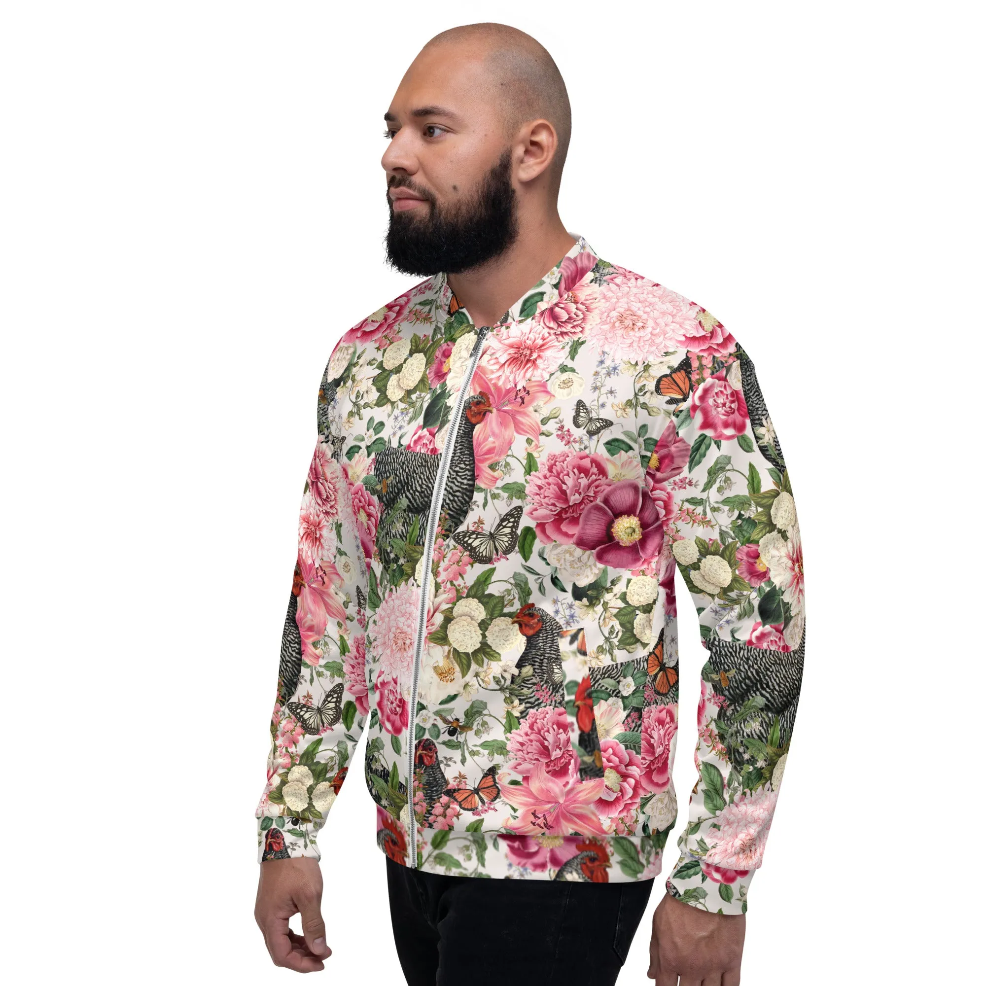 Secret Chicken Garden Bomber Jacket, barred rock neutral