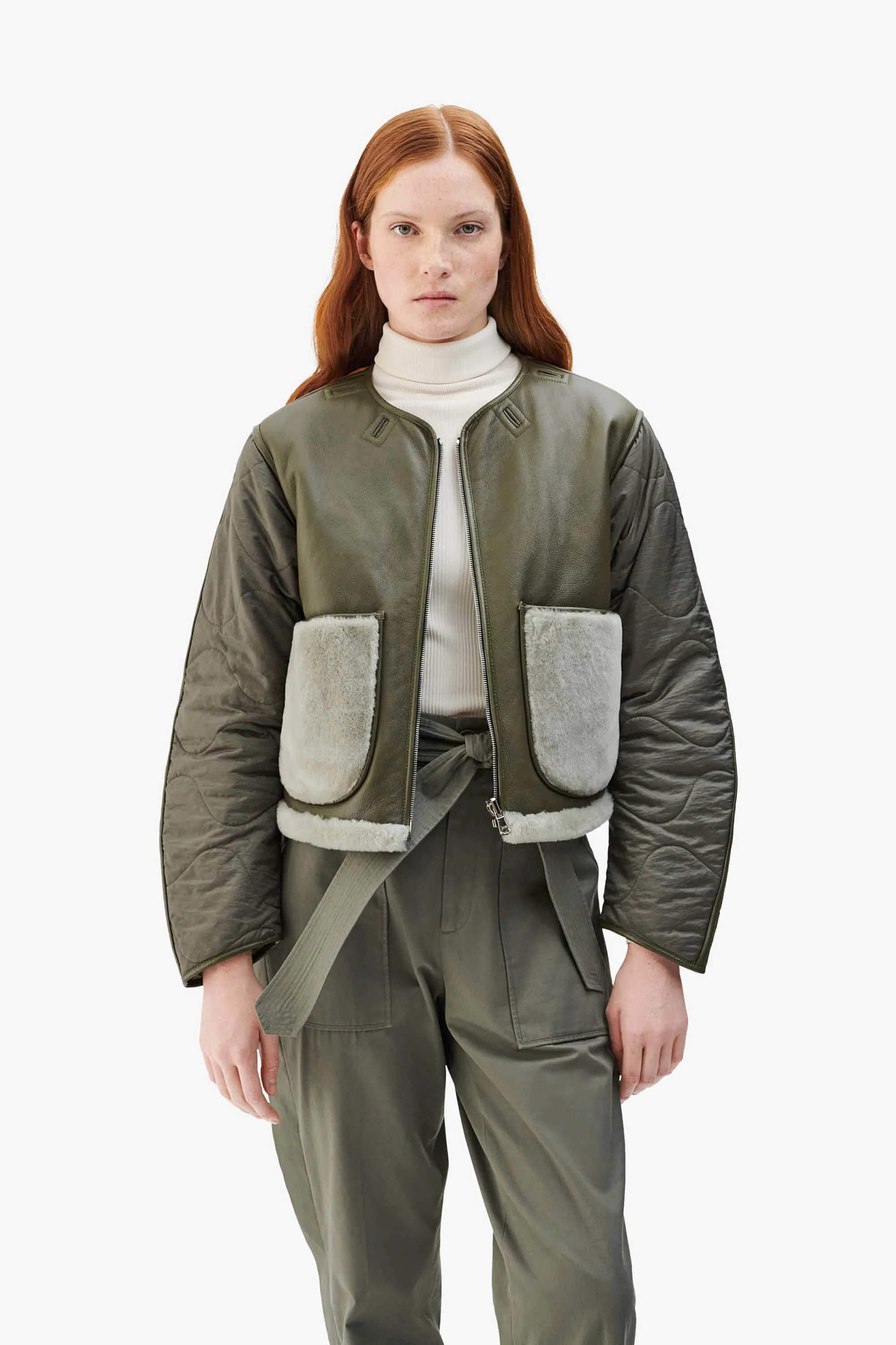 Shearling Cropped Aviator Quilt Jacket - Dark Olive / Pale Jade