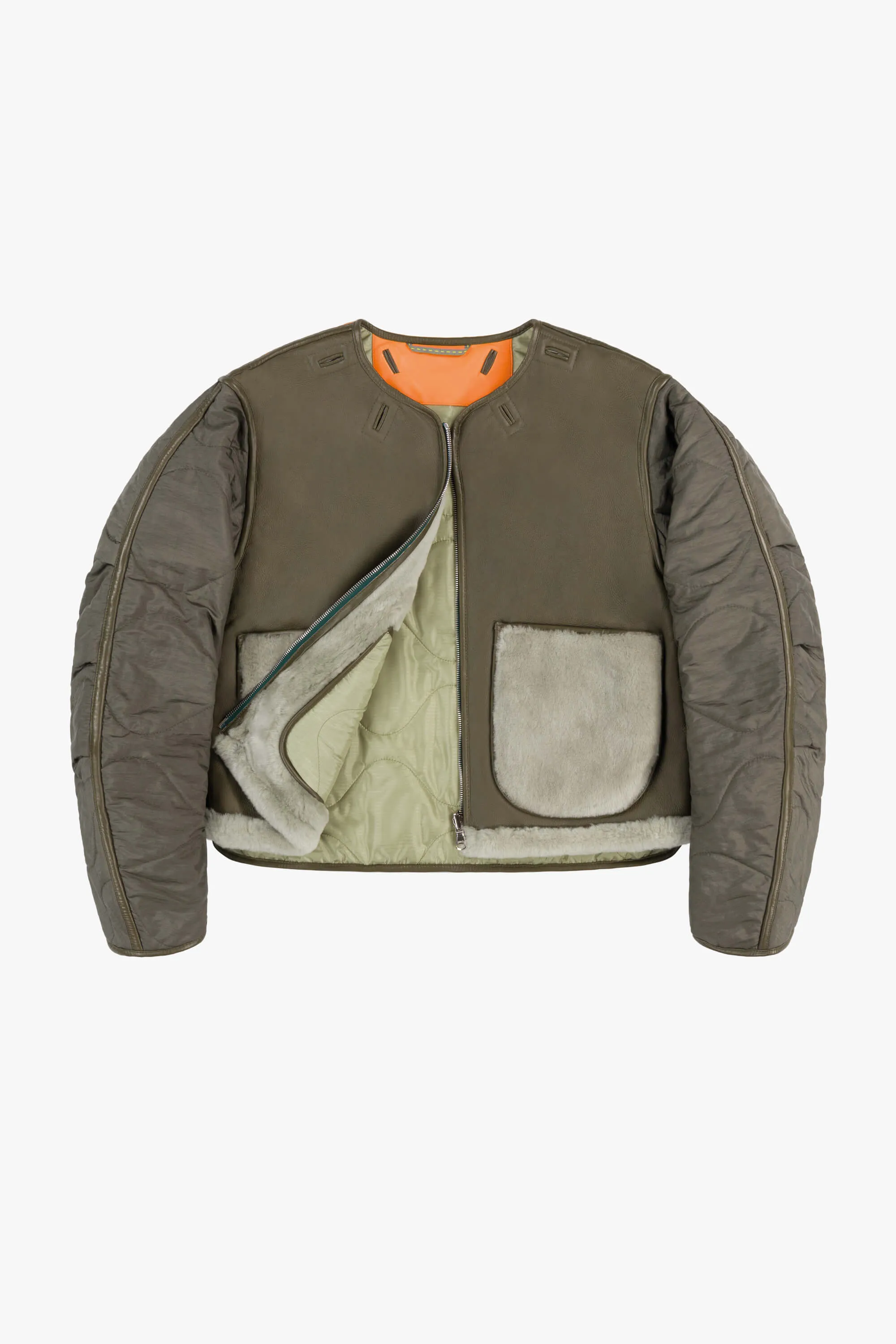 Shearling Cropped Aviator Quilt Jacket - Dark Olive / Pale Jade