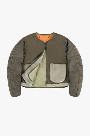 Shearling Cropped Aviator Quilt Jacket - Dark Olive / Pale Jade