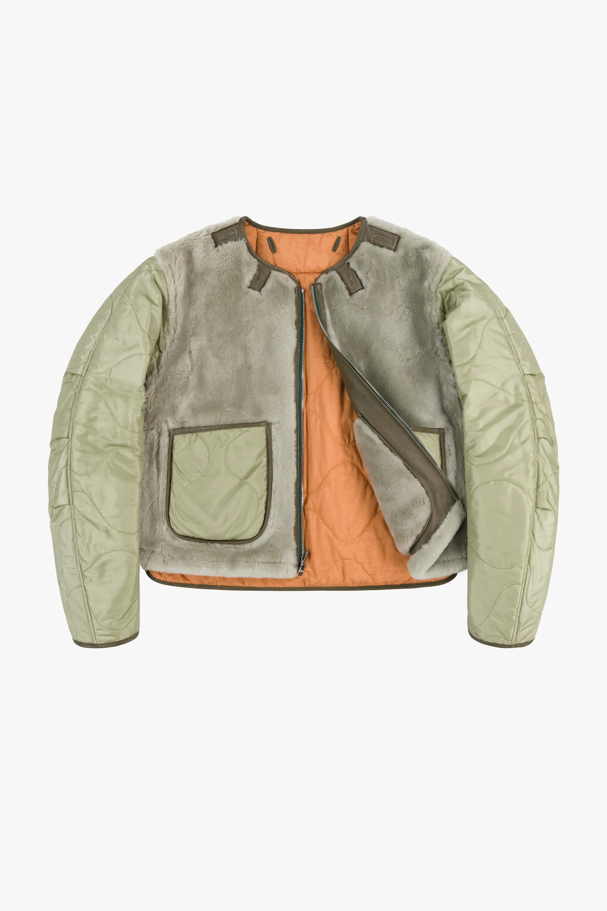 Shearling Cropped Aviator Quilt Jacket - Dark Olive / Pale Jade