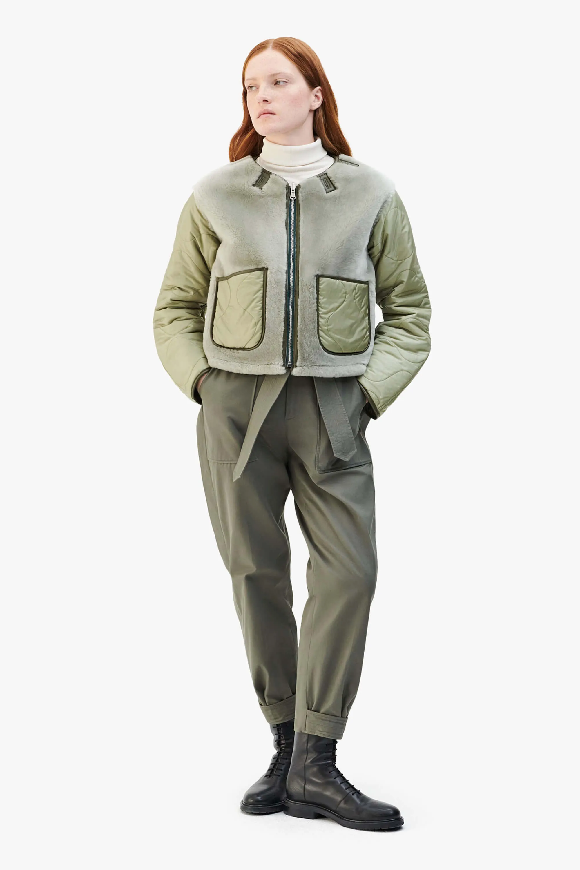 Shearling Cropped Aviator Quilt Jacket - Dark Olive / Pale Jade