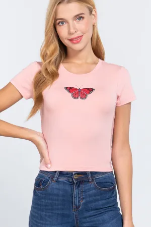 Short Slv Graphic Print Crop Top