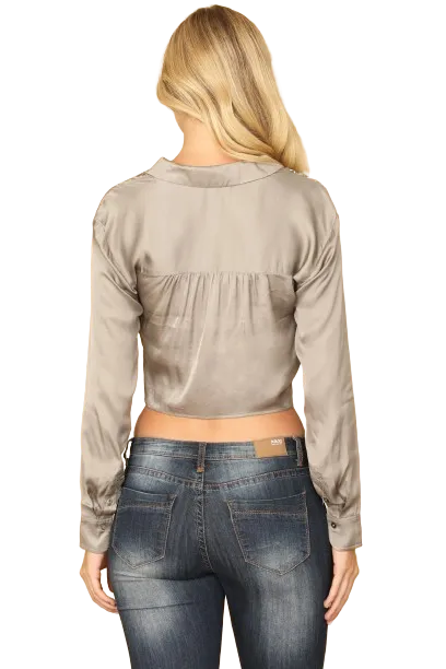 Silver Wrap Front Long Sleeve Solid Crop Top - Pack of 5