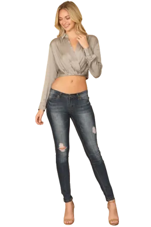 Silver Wrap Front Long Sleeve Solid Crop Top - Pack of 5