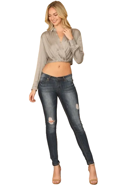 Silver Wrap Front Long Sleeve Solid Crop Top - Pack of 5