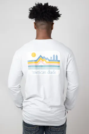 Simply Southern Long Sleeve ‘Merican Dude T-Shirt for Men in White | MN-LS-MDLOGO-WHITEWATER