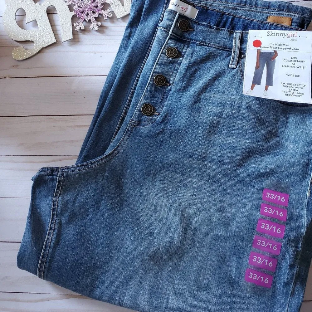 Skinnygirl High Rise Button Front Cropped Jeans Wide Leg