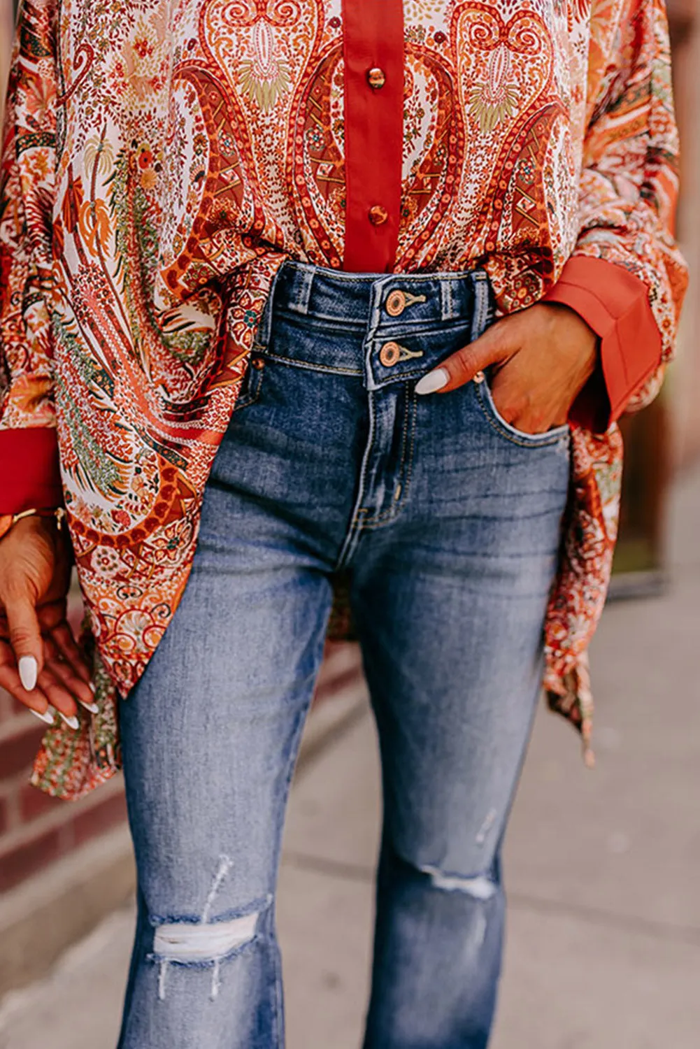 Sky Blue 2-button High Waist Ripped Flare Jeans