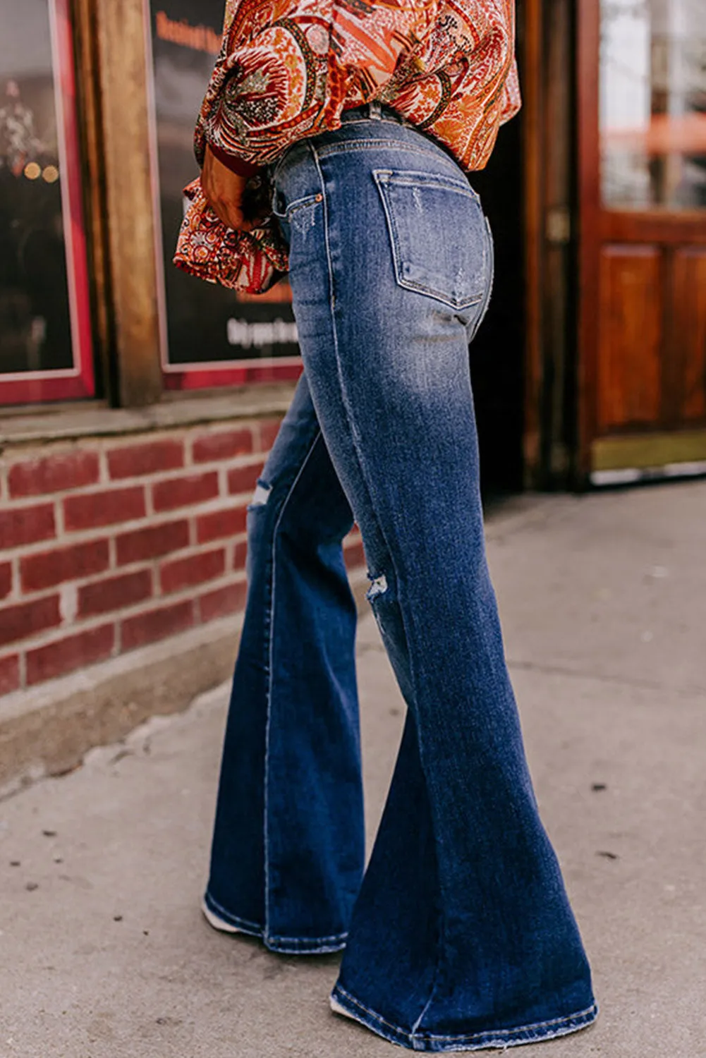 Sky Blue 2-button High Waist Ripped Flare Jeans
