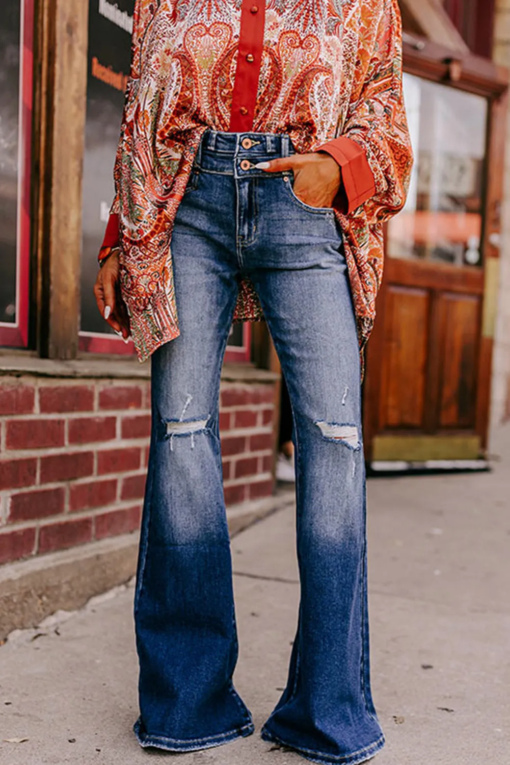 Sky Blue 2-button High Waist Ripped Flare Jeans