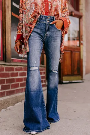 Sky Blue 2-button High Waist Ripped Flare Jeans