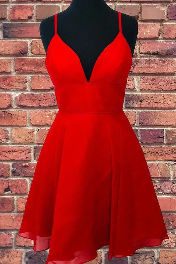 Straps A-Line Chiffon Red Short Dress Homecoming Dresses, MH461
