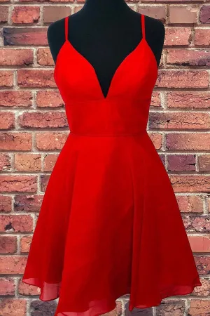 Straps A-Line Chiffon Red Short Dress Homecoming Dresses, MH461