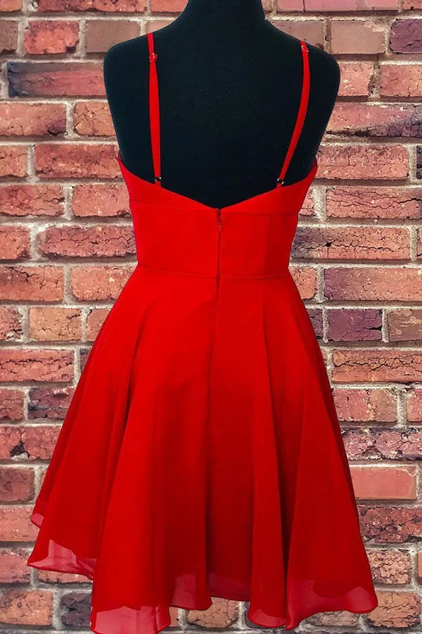 Straps A-Line Chiffon Red Short Dress Homecoming Dresses, MH461