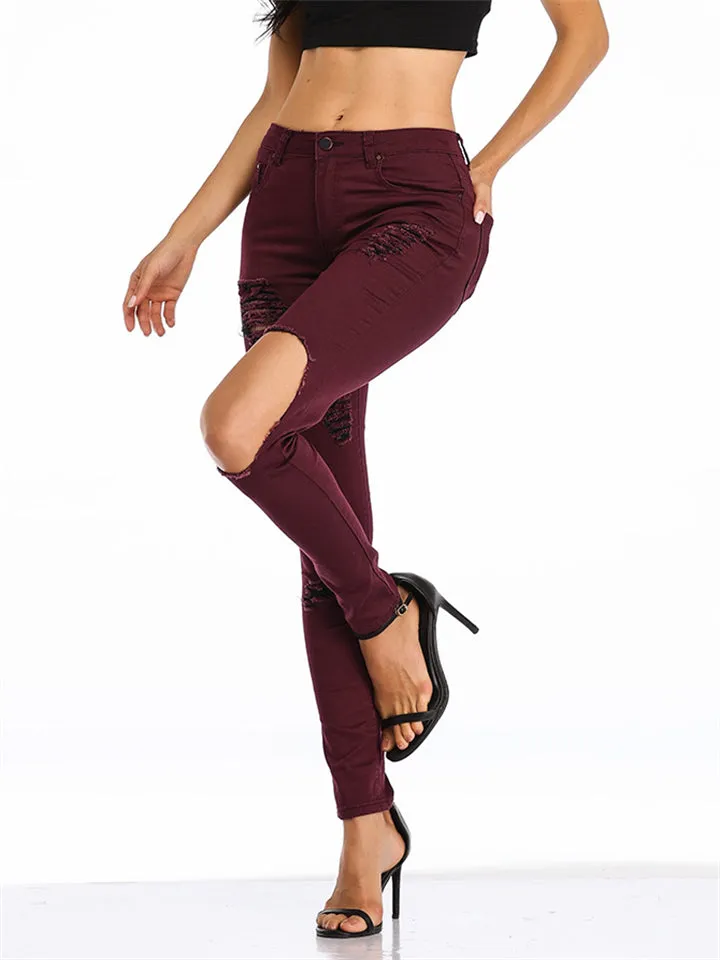 Summer Sexy Street Style Ripped Fit Wine Red Denim Jeans for Women